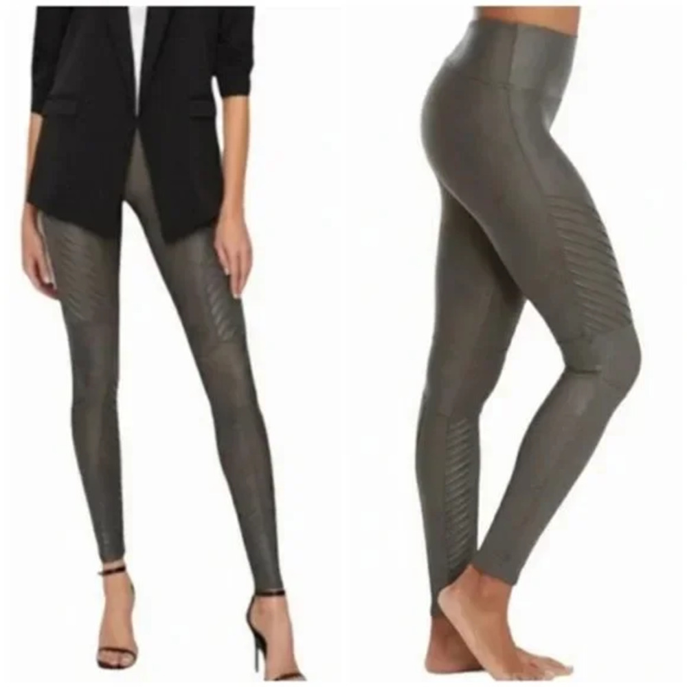 SPANX Faux Leather Moto Leggings In Gunmetal Pants Skinny Leg Size Large